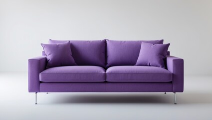 Fototapeta premium Purple fabric couch on metallic supports isolated on a backdrop with clipping path.