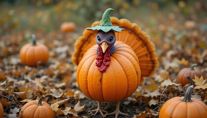Turkey Hiding in Pumpkin – Funny Thanksgiving Survival Concept | Cartoon of a sneaky turkey hiding inside a pumpkin to avoid being eaten, perfect for Thanksgiving greeting cards or humorous content