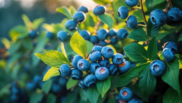 Blueberry bush bearing ripe fruits in the plantation.
