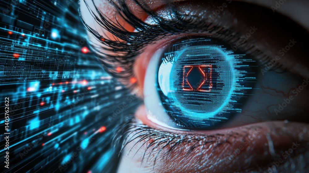Poster cybernetic eye scanning digital data grid futuristic sci-fi environment high-tech visualization