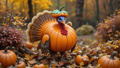 Turkey Hiding in Pumpkin – Funny Thanksgiving Survival Concept | Cartoon of a sneaky turkey hiding inside a pumpkin to avoid being eaten, perfect for Thanksgiving greeting cards or humorous content