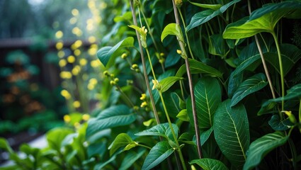 Obraz premium Bottom angle of climbing plants in a vertical planting bed