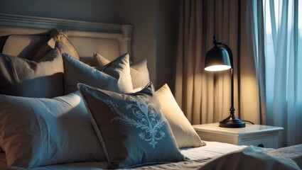 Warm bedroom atmosphere with soft pillows and a lamp on the side table