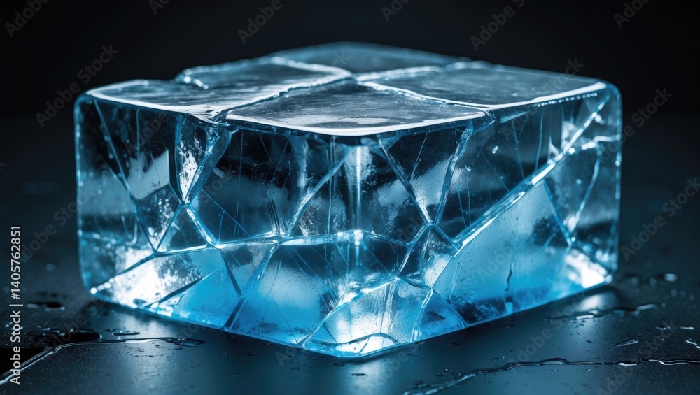 Poster rectangular ice block in blue tones with cracks, set against a background. clipping path provided.