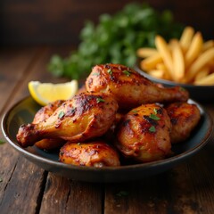 Honey garlic chicken drumsticks served with french fries and lemon on rustic table