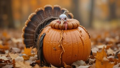 Turkey Hiding in Pumpkin – Funny Thanksgiving Survival Concept | Cartoon of a sneaky turkey hiding inside a pumpkin to avoid being eaten, perfect for Thanksgiving greeting cards or humorous content