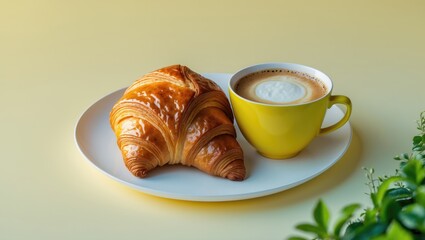 Flat lay arrangement of a coffee cup and a fresh croissant on a plate casting shadows. Innovative design and idea of nutritious food and breakfast. Aerial perspective with space for text.