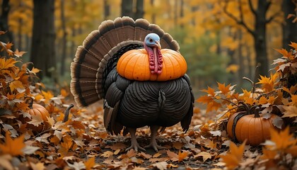 Turkey Hiding in Pumpkin – Funny Thanksgiving Survival Concept | Cartoon of a sneaky turkey hiding inside a pumpkin to avoid being eaten, perfect for Thanksgiving greeting cards or humorous content