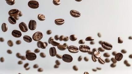 Obraz premium Background of flying coffee beans. Black espresso grains descending. Rustic coffee beans cascading on the backdrop. Symbolizing breakfast, energy, freshness, or delightful aroma concept.