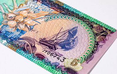 5 Rufiyaa Maldives, 2011 with a boat image. Paper money of Maldives. Banknote elements for designers.