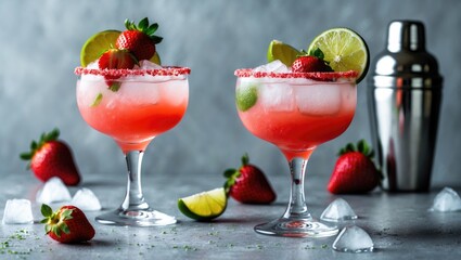 Frozen strawberry margarita with ice, lime, and fresh berries in a glass, light grey background providing copy space
