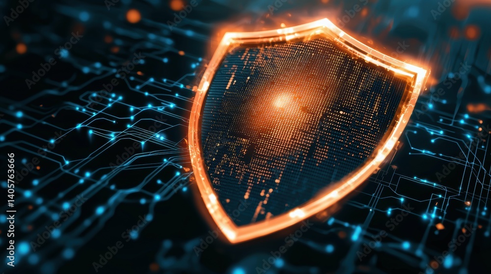 Poster digital shield deflecting data breaches in cybersecurity infographic design technology environment f