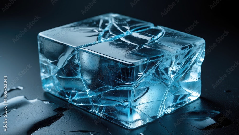 Poster isolated blue-toned rectangular ice block featuring cracks, with a clipping path included.