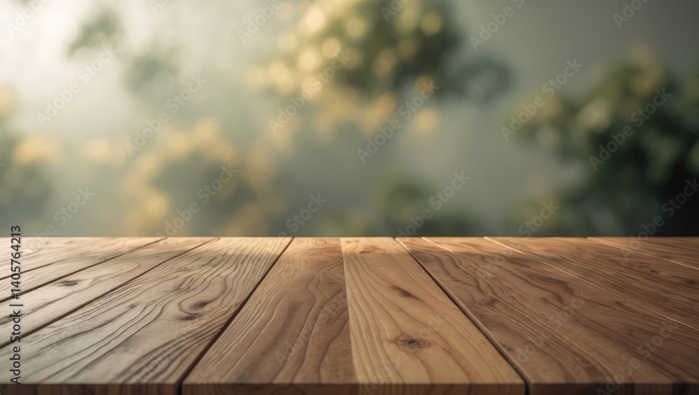 Poster vacant wood table surface against a blurred abstract background for key visual layout or product sho