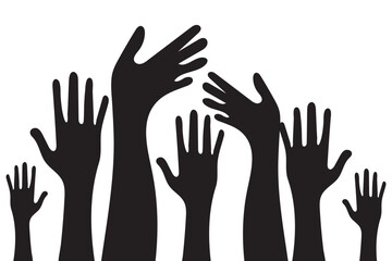 Many colorful Raising hands white background. Raised hands silhouette isolated on white background. Hands up illustration.