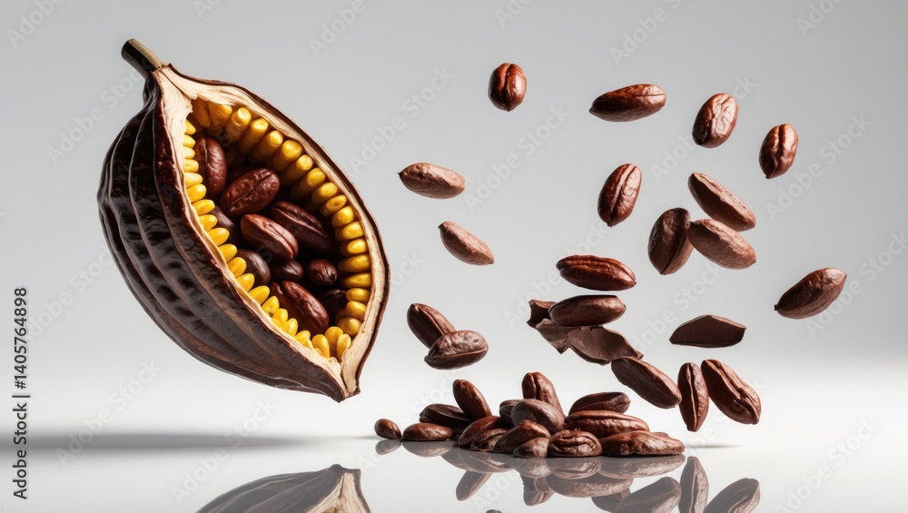 Poster cocoa pod soaring through the sky. broken cocoa pod and beans hover in the backdrop. high-definition