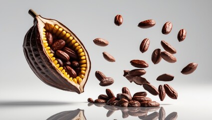 Cocoa pod soaring through the sky. Broken cocoa pod and beans hover in the backdrop. High-definition image. Levitation theme.