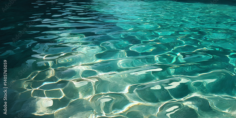 Poster teal water texture, showing light reflections and ripples, suggestive of a calm ocean or pool, repre