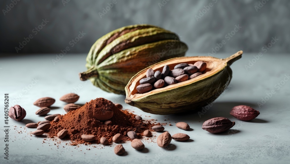 Poster light table showcasing cocoa pods, beans, and powder in a flat lay arrangement, with text space