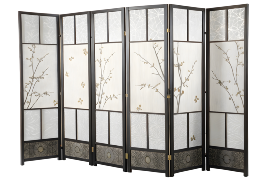 Decorative Folding Screen with White Botanical Design for Interior Decor.