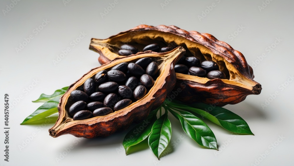 Poster cocoa pods and cocoa beans set against a backdrop.