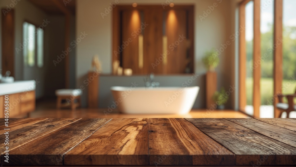 Poster wooden table in front of a hazy background