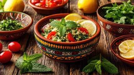 Middle eastern food tabbouleh traditional concept. Vibrant bowls of fresh ingredients and herbs arranged on a rustic wooden table.