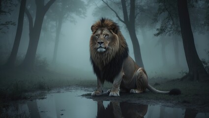 Naklejka premium magical lion in a foggy woods
