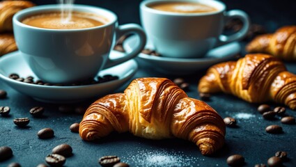Breakfast idea featuring a white coffee cup and croissants against a dark background.