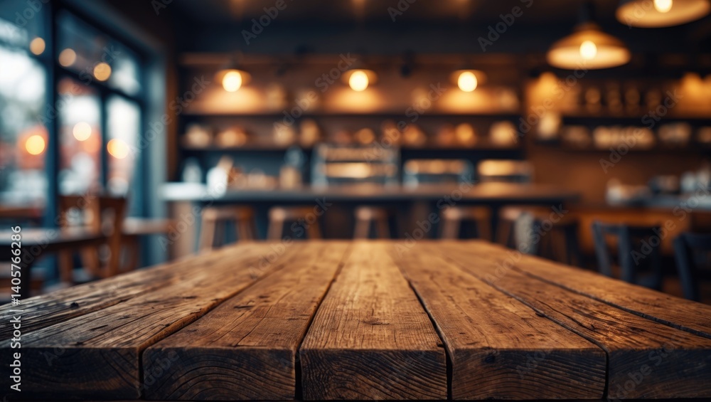 Poster blurred light backdrop behind an empty wood counter top for product showcase