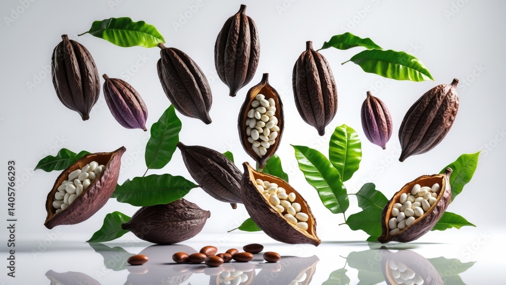 Fototapete cocoa pod floating in mid-air. intact and broken cocoa pod with beans hovering in the background. le