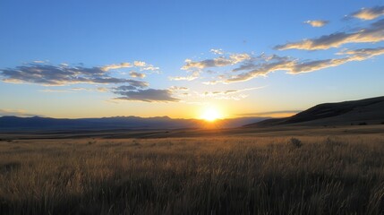 Fototapeta premium Sunset over golden prairie, mountains