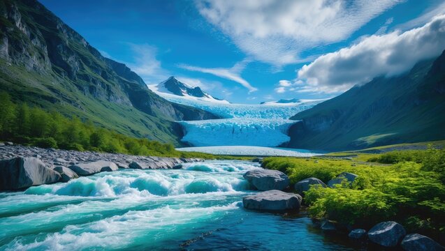 Briksdal glacier, a famous branch of the large glacier in the valley.