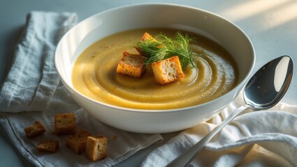Horizontal close-up of cream soup with croutons and dill on white napkin