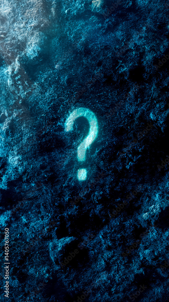 Poster dark blue textured background with a glowing cyan question mark, creating a mysterious and intriguin