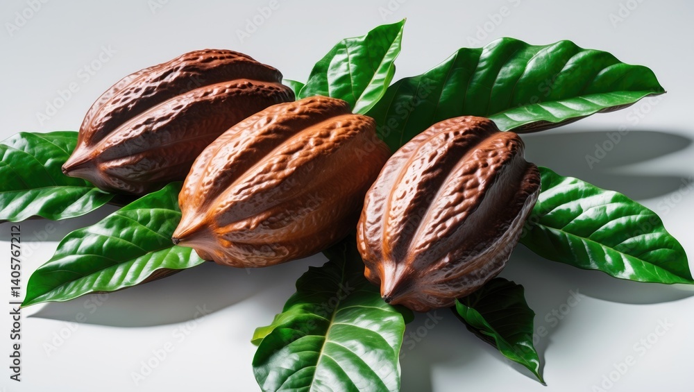 Aufkleber isolated background featuring cocoa pods with cocoa leaves.