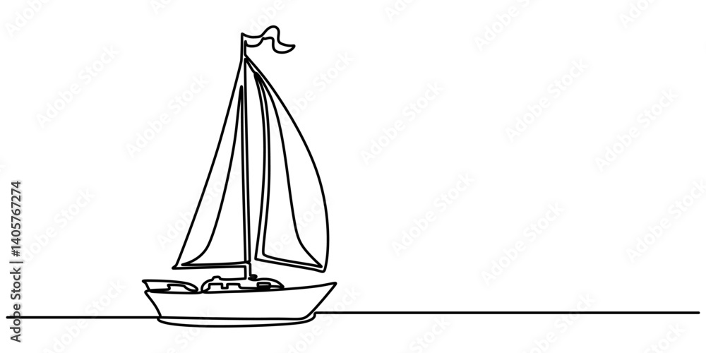 Poster Continuous one single minimal line drawing sailing, Sailboat continuous one line icon drawing on white background, Sea boat vector illustration in doodle style, one line drawing outline vector art.