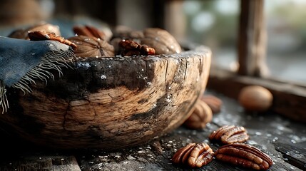 Rustic wooden bowl brimming with pecans, walnuts, and other nuts.