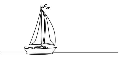 Continuous one single minimal line drawing sailing, Sailboat continuous one line icon drawing on white background, Sea boat vector illustration in doodle style, one line drawing outline vector art.