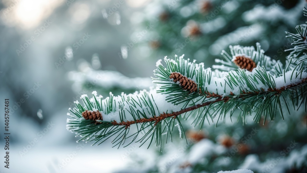 Poster first snowfall. close-up of a fir tree branch blanketed in snow, sharp frosts. enchanting light and 