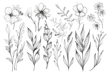 Big set of hand drawn floral vector with leaves and branches,Floral sketch collection. Decorative elements for design.