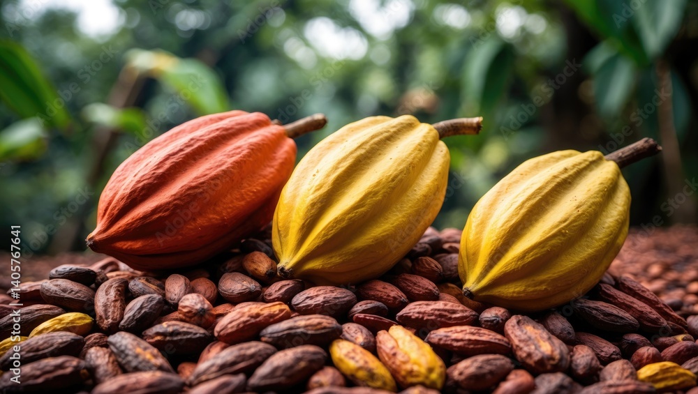 Poster raw cocoa beans and cocoa fruits set against a plantation