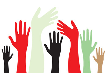 Obraz premium Many colorful Raising hands white background. Raised hands silhouette isolated on white background. Hands up illustration.