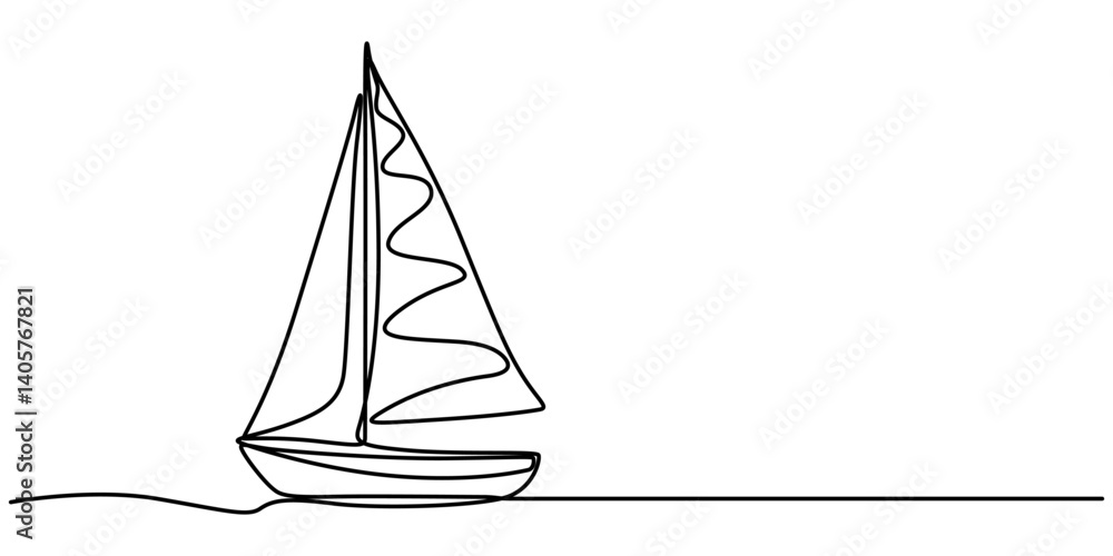 Poster Continuous one single minimal line drawing sailing, Sailboat continuous one line icon drawing on white background, Sea boat vector illustration in doodle style, one line drawing outline vector art.