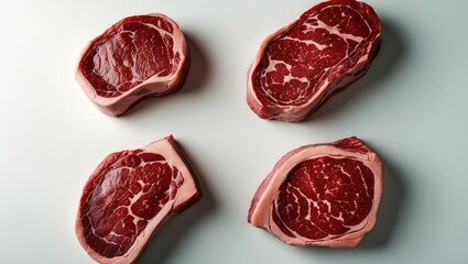 Obraz premium Artistic flat lay featuring various beef steak selections on a white backdrop with empty space.