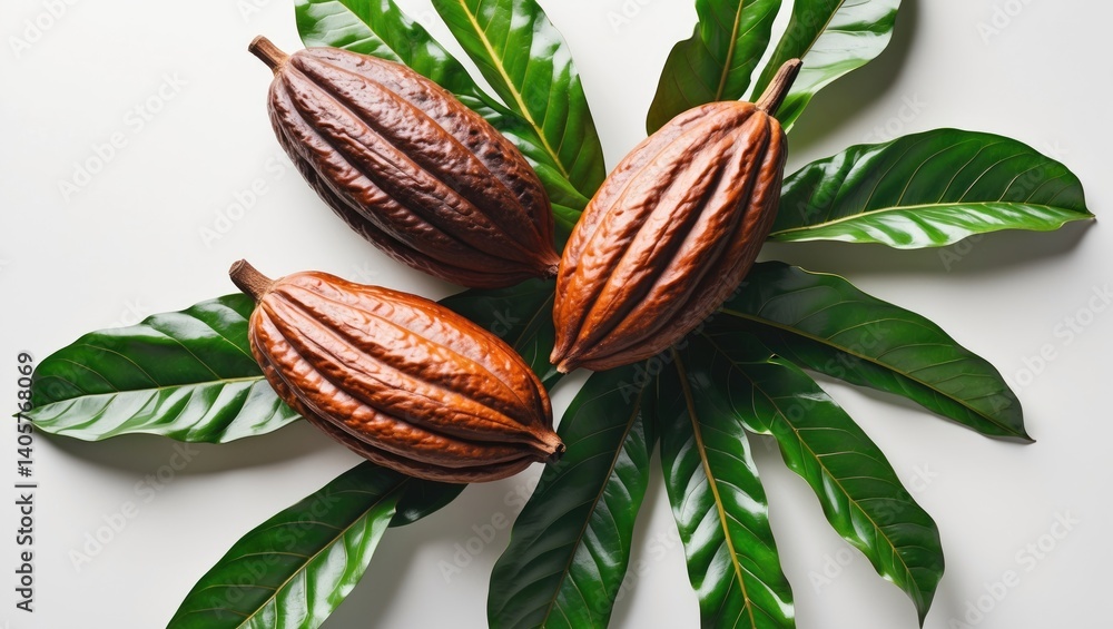Poster cocoa leaves and cocoa pods isolated on a background.