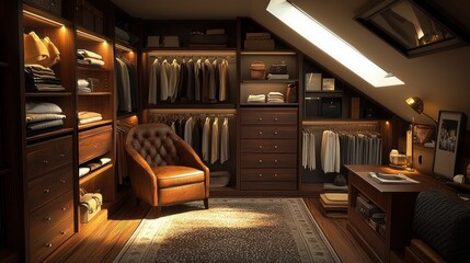 A spacious, elegant walk-in closet with rich wood tones and a cozy, masculine feel.  Well-organized storage, featuring a comfortable armchair, and plenty of hanging and shelving space.