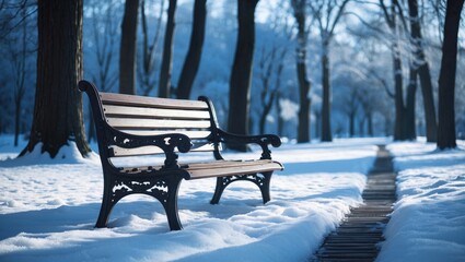 Wooden Park Bench Sitting Alone in a Snowy Woodland Under Sunshine