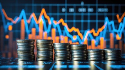 Image of coin stacks layered on a financial graph illustrating economic trends.