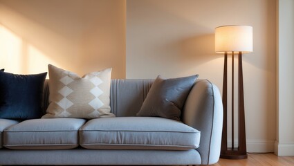 Cozy pillow on sofa decor with illuminated lamp in interior space